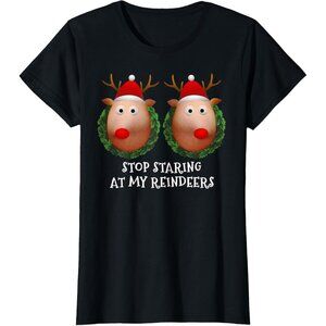Women's Xmas Sweater Reindeer Boobs Funny Ugly Christmas Short Sleeve